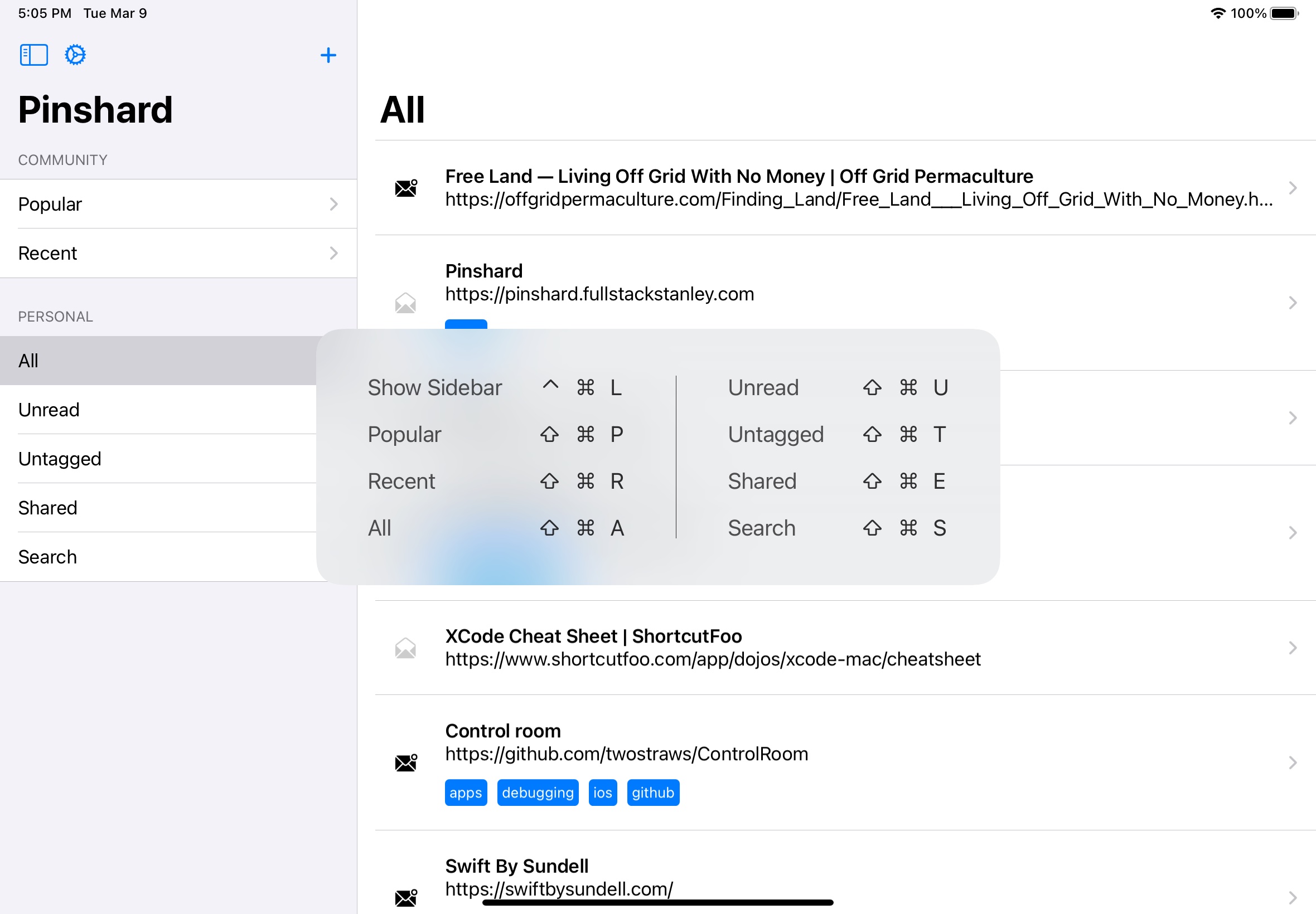 A view of the keyboard shortcuts available.