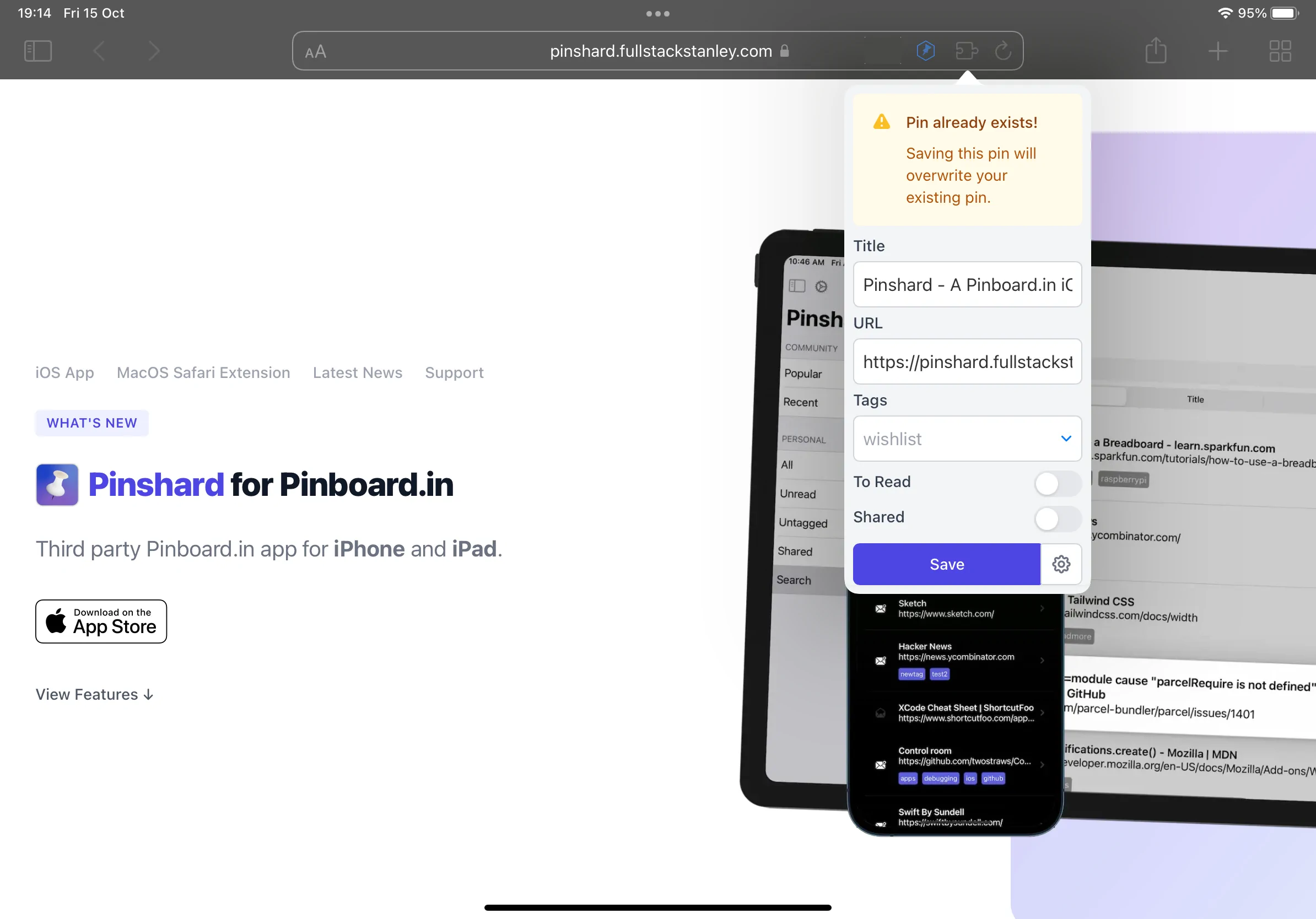 The new Pinshard Mini Safari Extension on iPadOS