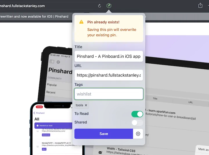 The new Pinshard Mini Safari Extension on MacOS